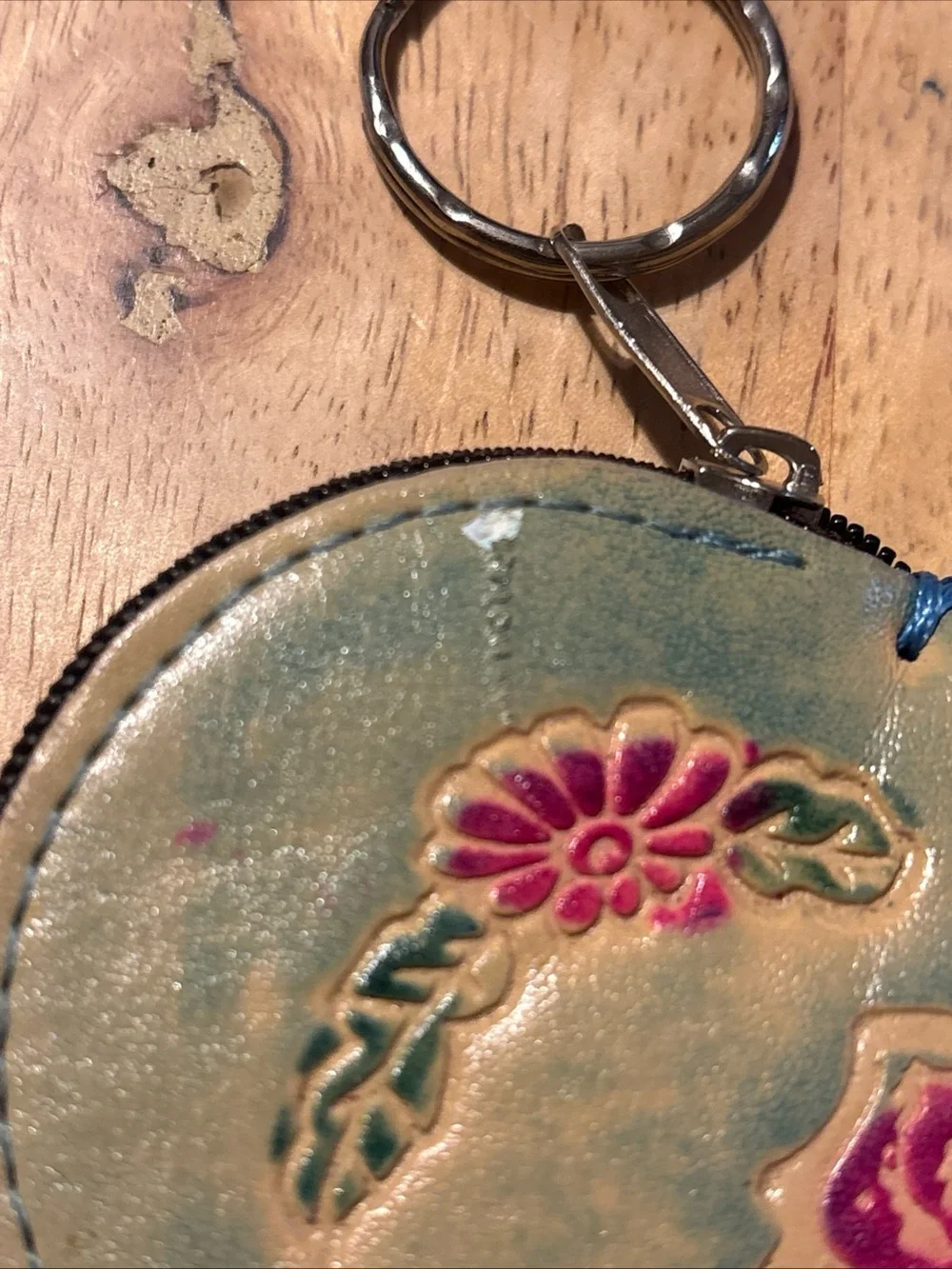 Handcrafted Heart Key & Coin Holder in Teal with Pink Floral Accents